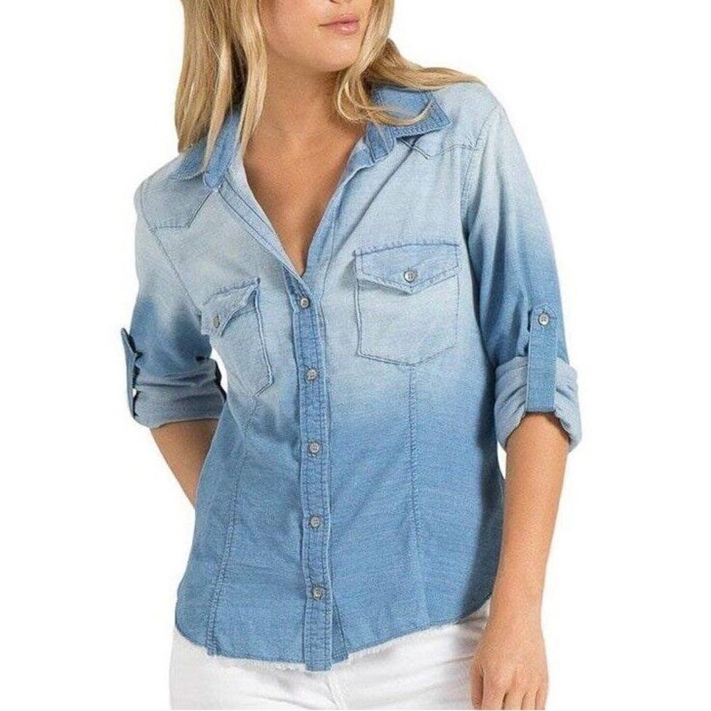 CLOTH & STONE Western Fray Hem Vintage Wash Ombre Button Up Shirt L